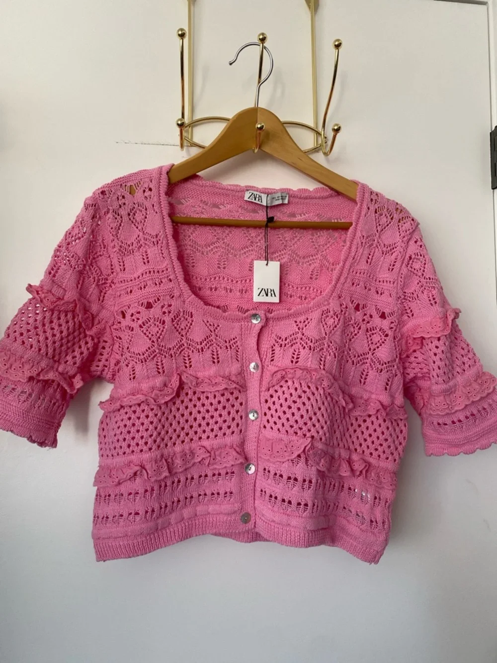 ZARA Pink Crochet Button-Up Short Sleeve Cardigan NWT! 🩷✨ - Picture 1 of 7
